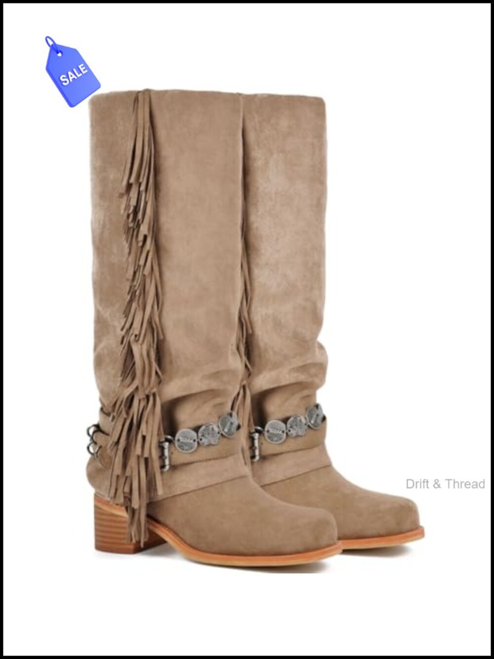 Knee High Riding Boots Fringe Buckle Straps Chunky Heel Square Toe